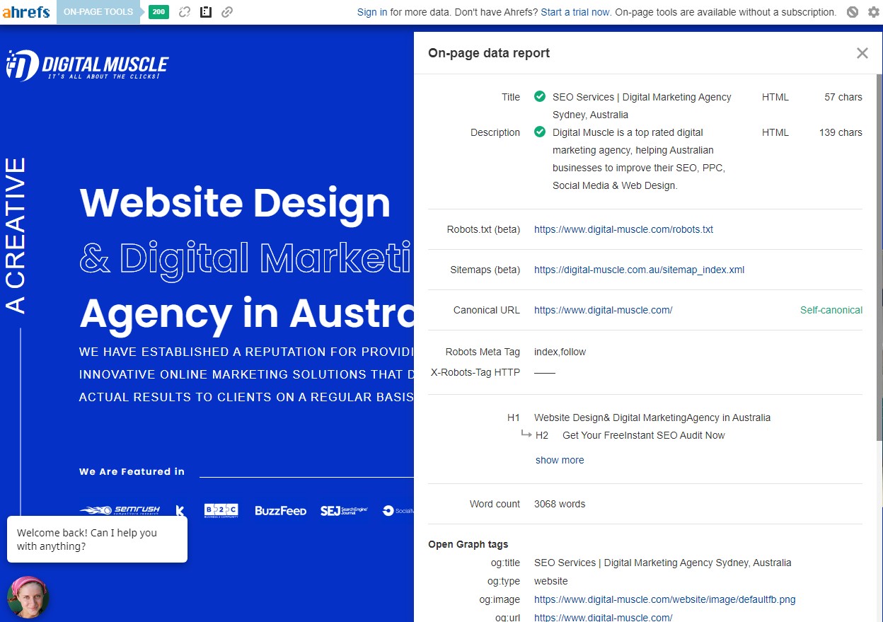 Ahrefs on-page seo toolbar website analysis example for DM web page